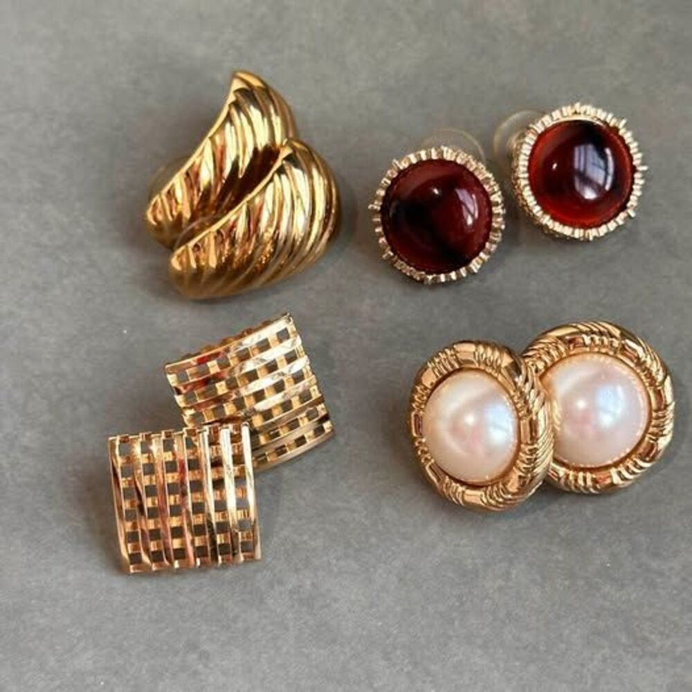 Vintage Earrings Lot of 4 Pairs — Gold Tone, Faux Pearl (incl. Signed Monet)